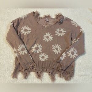 🍋10/$20 Distressed Daisy Knit Sweater - Mauve Cream